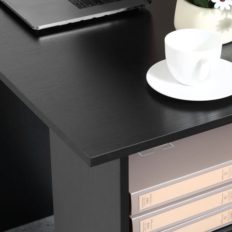 Black Computer Desk with Storage Shelves and Drawers