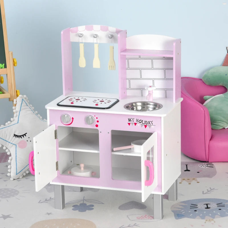 Kids Pink Pretend Kitchen Playset with Cooking Accessories