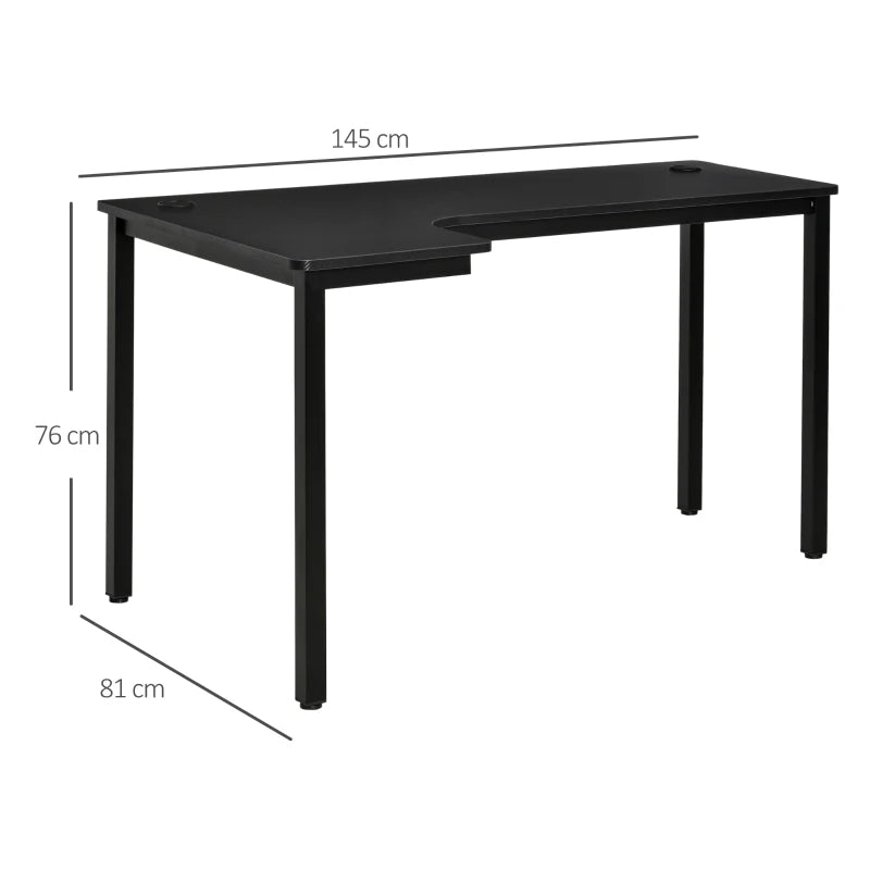 Black L-Shaped Gaming Desk with Cable Management, 145 x 81 x 76cm