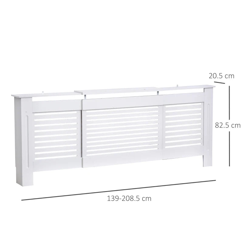 White Extendable Radiator Cover Cabinet Shelving Slatted Design 139-208.5L x 20.5W x 82.5H cm