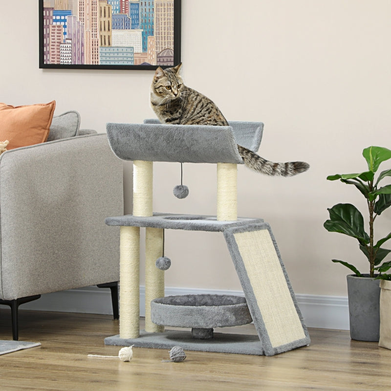 Cat Tree Tower with Scratching Posts, Pad, Bed, Perch, Toy Ball - Light Grey