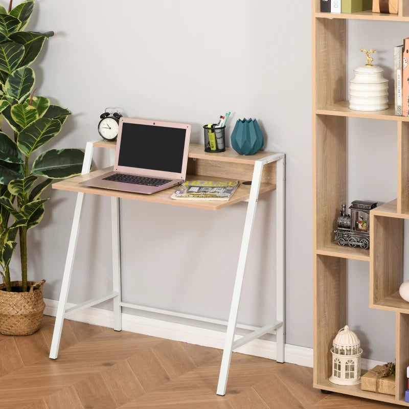 White and Oak Home Office Writing Desk with Storage Shelf