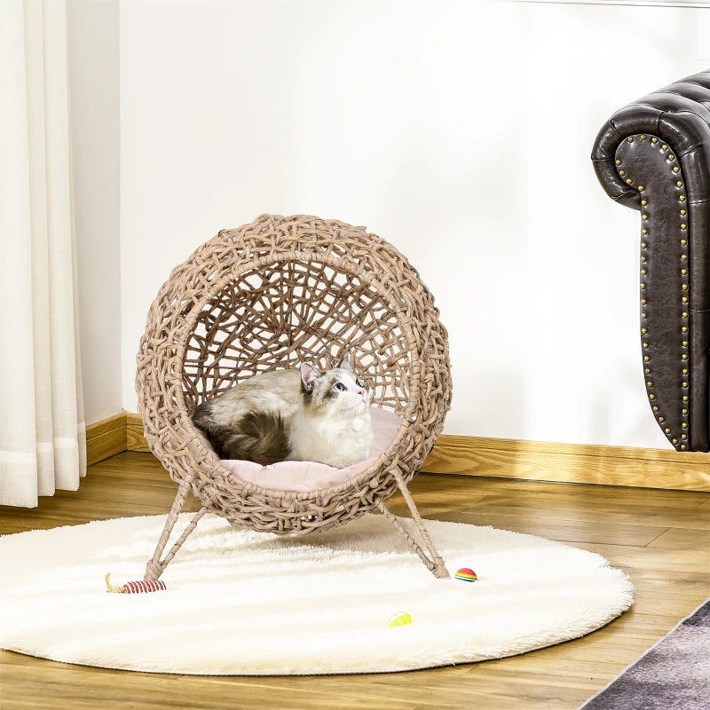 Rattan Cat Bed with Tripod Legs & Cushion - Natural Wood