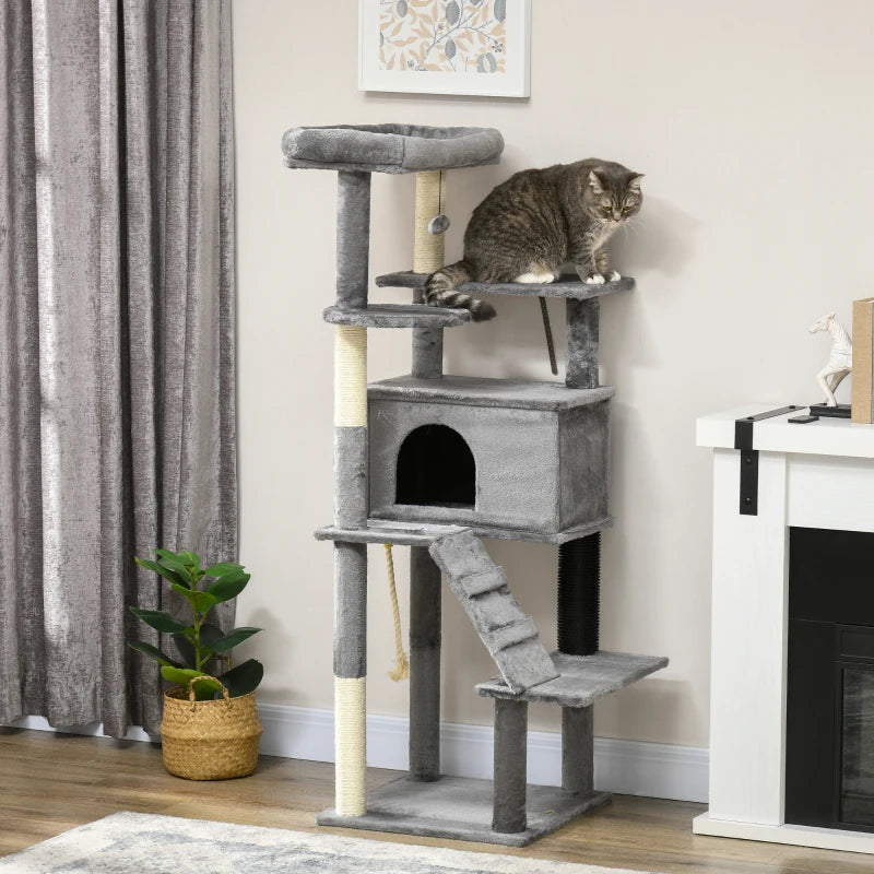 Grey Cat Tree Tower with Scratching Post and Toy