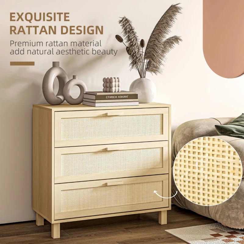 Natural Rattan 3-Drawer Boho Dresser for Bedroom, Living Room, Hallway