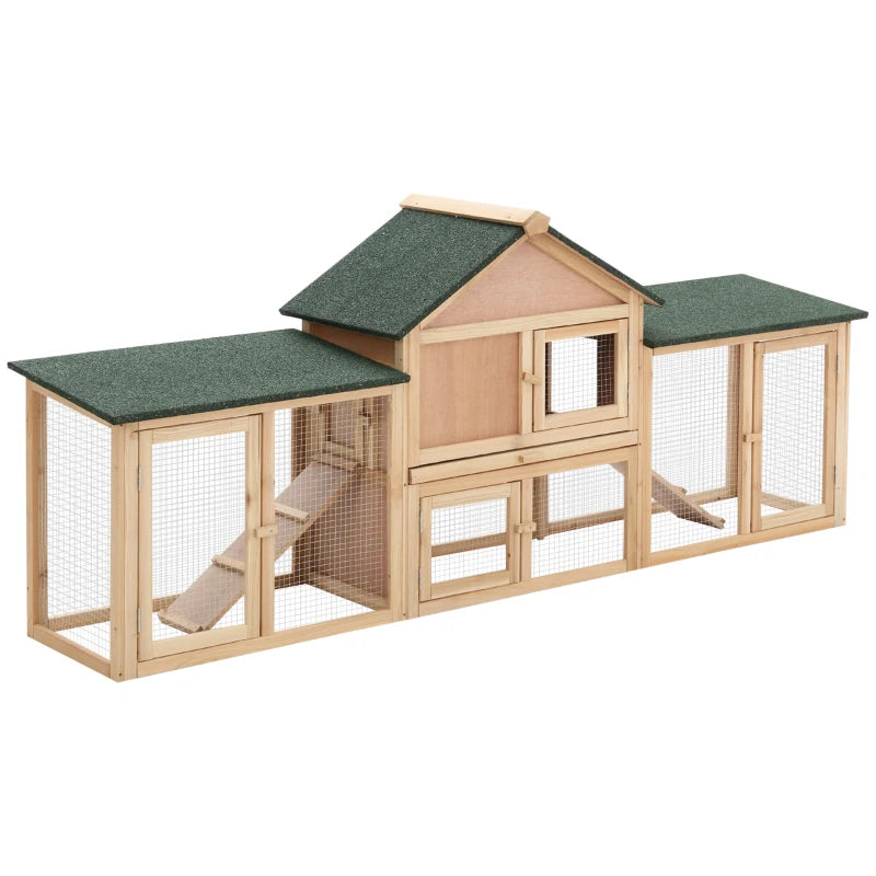 Wooden Outdoor Rabbit Hutch with Run, 2-Storey Bunny House - Grey, 210 x 45.5 x 84.5 cm