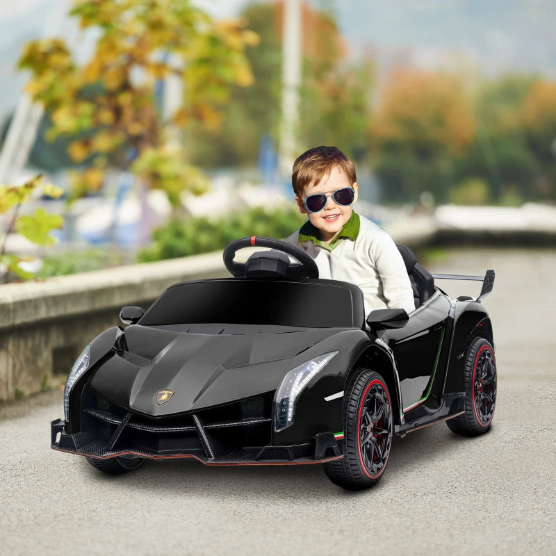 Black Licensed Electric Ride-On Car with Remote Control, Music, and Horn