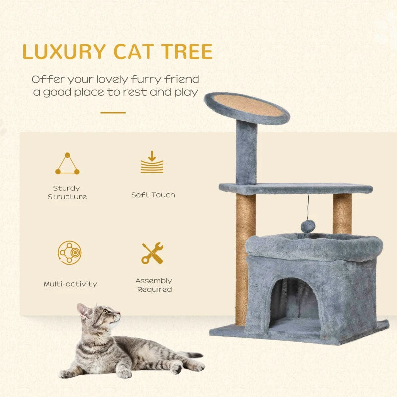 Grey Cat Tree Tower with Scratching Post and Interactive Toy - 48 x 48 x 84cm