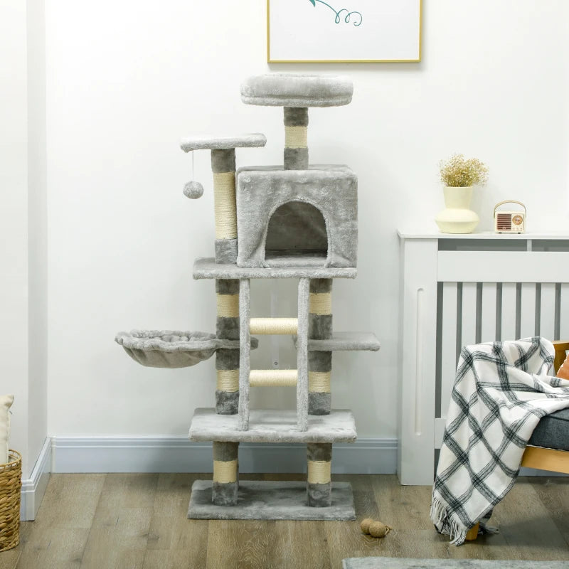 Grey Cat Tree with Scratching Post, House, Hammock, Toy Balls - 132cm