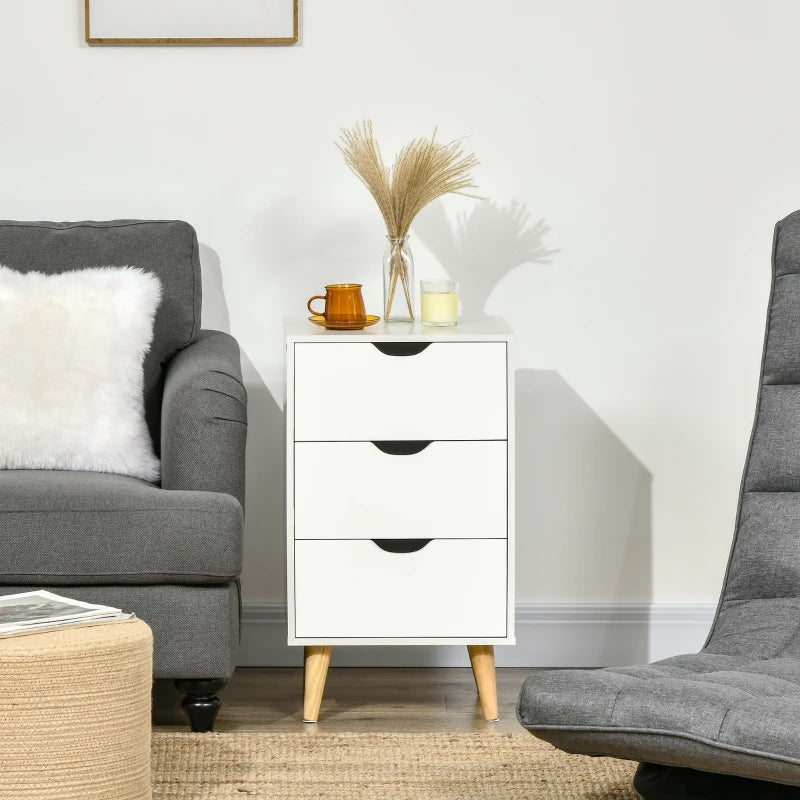 White 3-Drawer Bedside Cabinet with Wood Legs