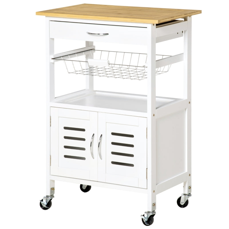 White Rolling Kitchen Island Trolley with Bamboo Top and Storage