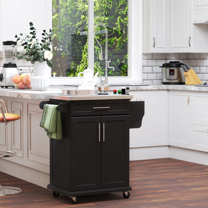 Black Wooden Kitchen Island Cart with Stainless Steel Top and Storage