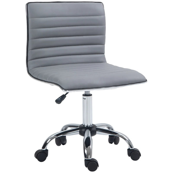 Light Grey Swivel Office Chair - Armless Mid-Back PU Leather, Chrome Base