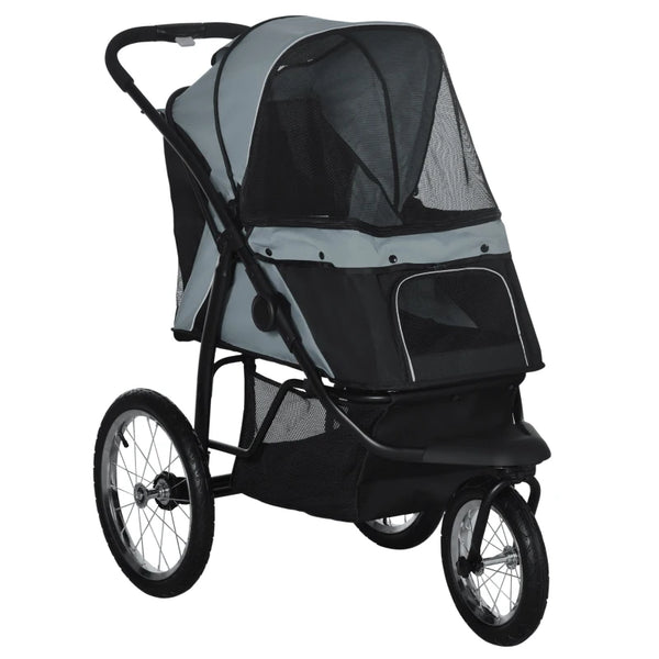 Grey Pet Stroller for Medium & Small Dogs - Foldable Jogger with Adjustable Canopy & Washable Cushion