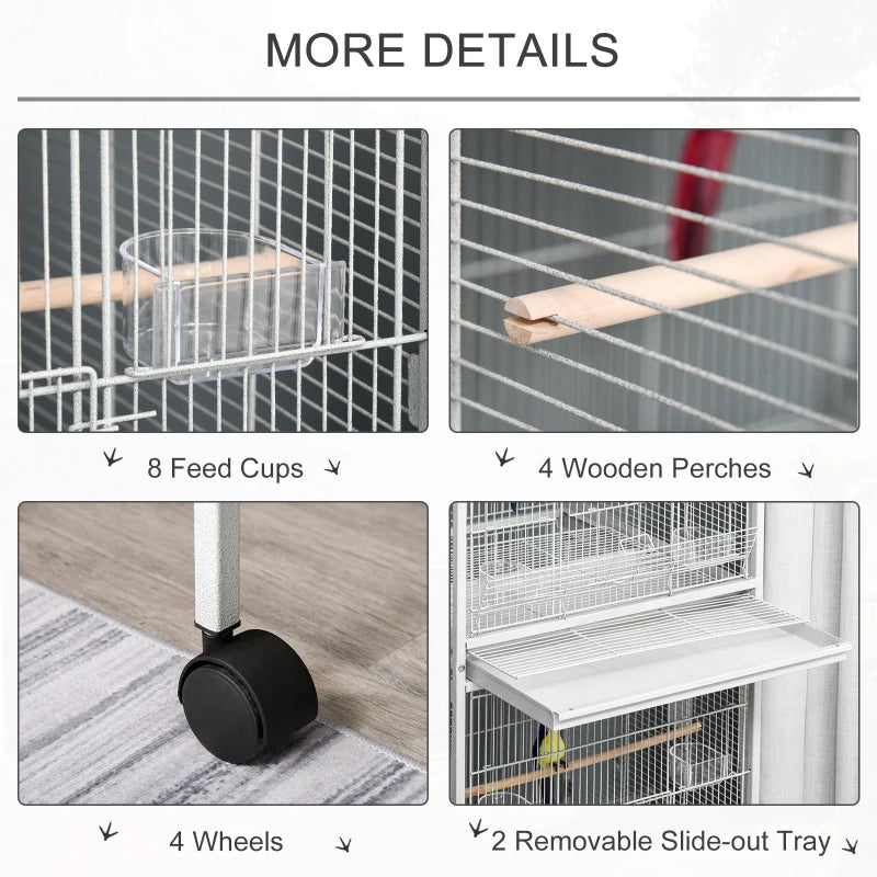 White 170cm Bird Cage with Rolling Stand & Perches