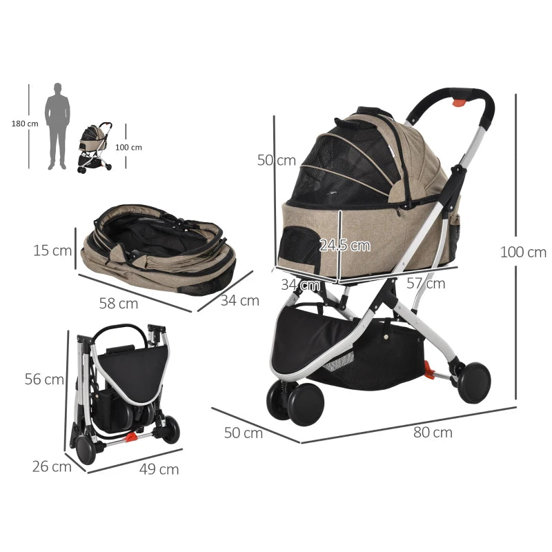 Foldable Light Brown Dog Stroller with Canopy & Storage