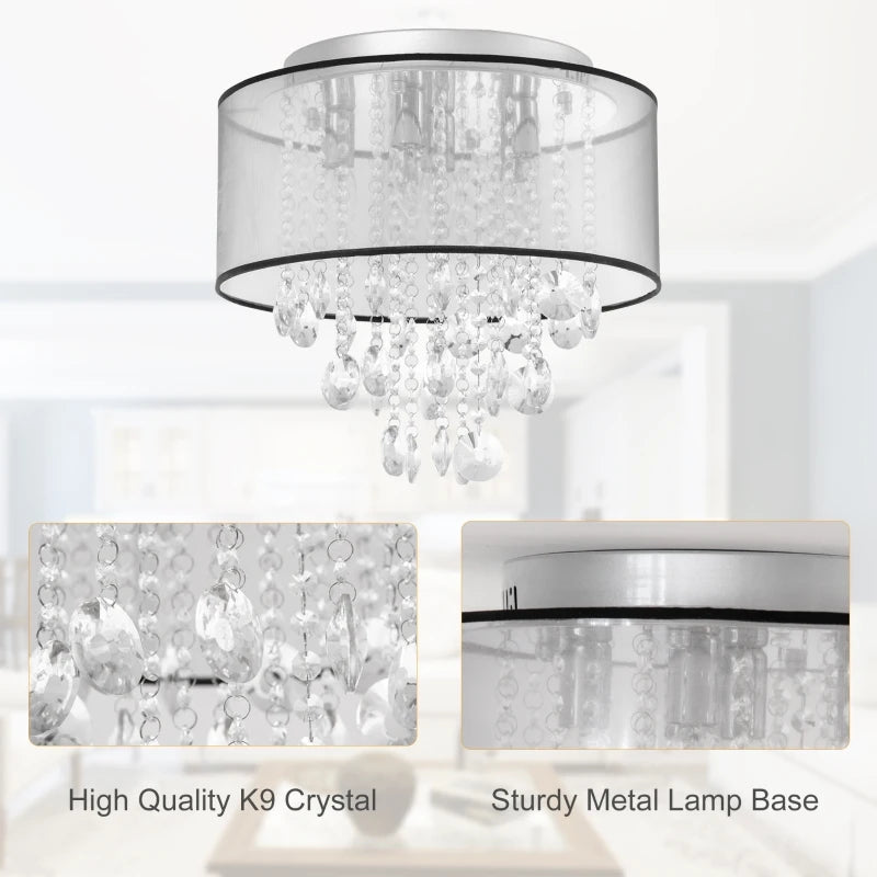 Silver Drum Shade Crystal Chandelier Ceiling Light, 40cm