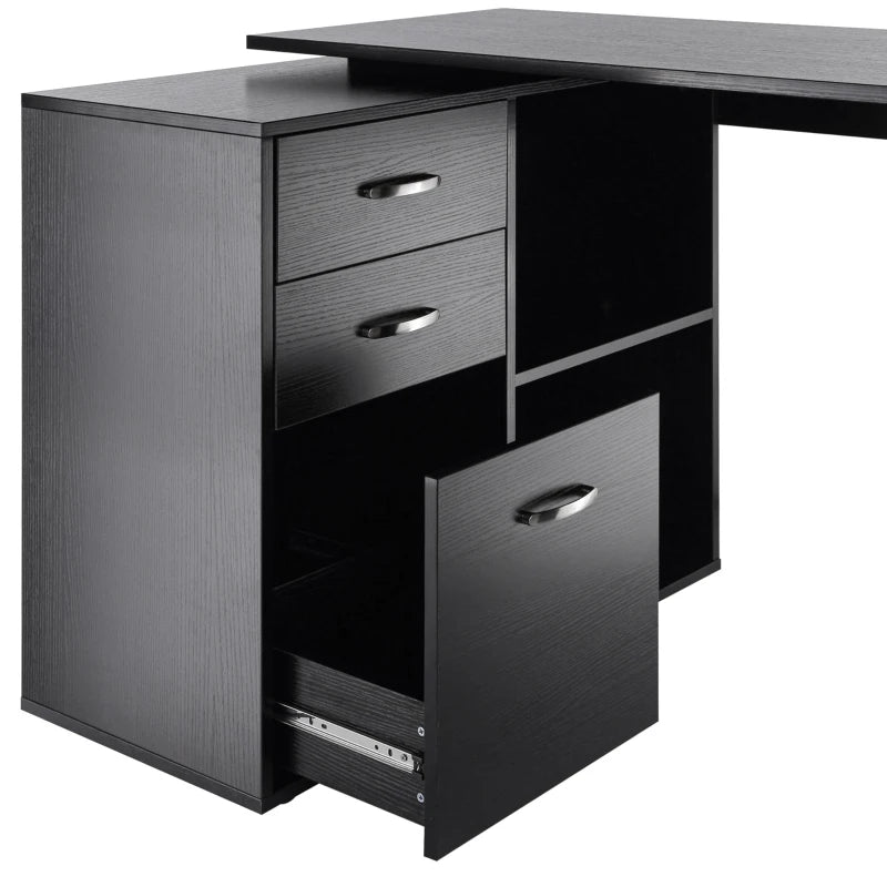 Black L-Shaped Corner Desk with Drawers and Storage Shelves