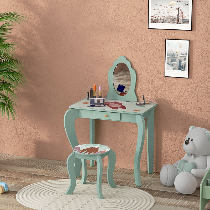 Green Kids Dressing Table Set with Mirror, Stool, Drawer - Cute Animal Design