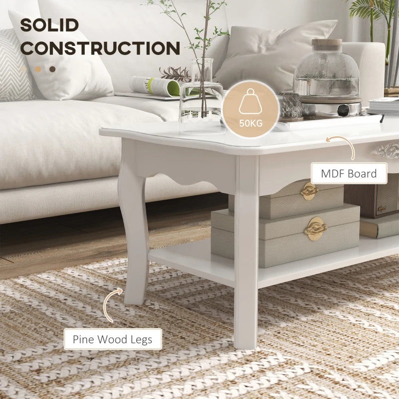 White Wood Coffee Table with Storage Shelf, 94L x 44W x 42H cm