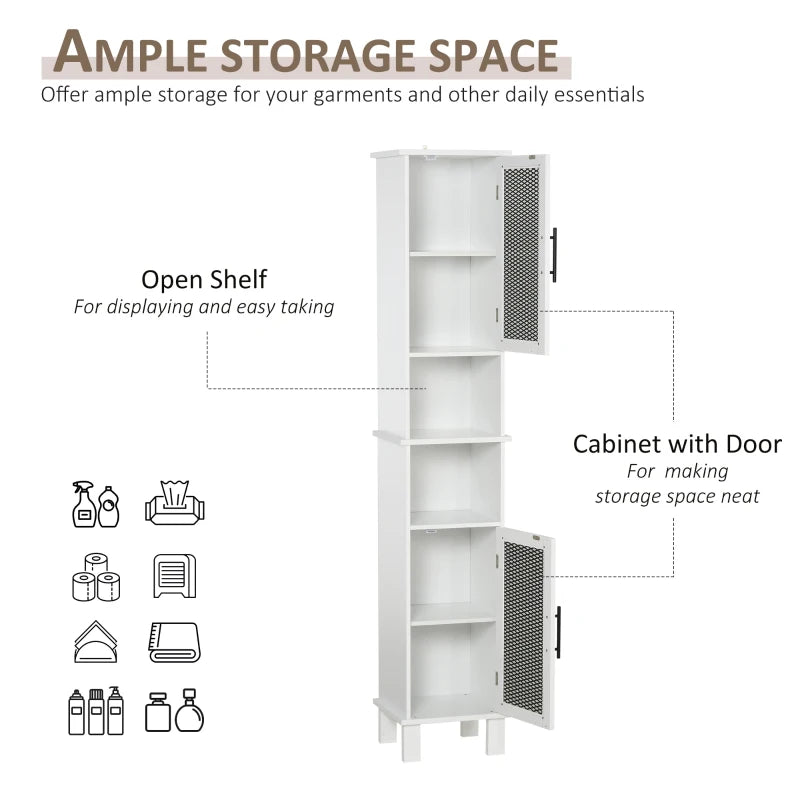 6-Tier White Bathroom Floor Cabinet with Glass Doors