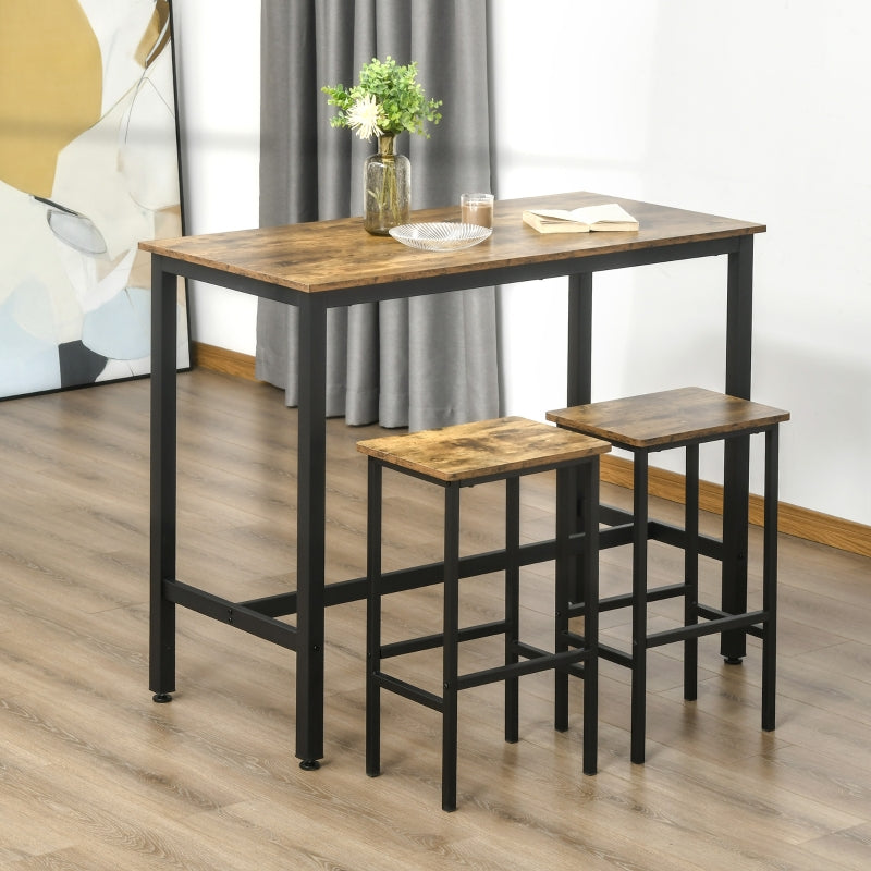 Rustic Brown 3-Piece Industrial Bar Table Set with 2 Stools