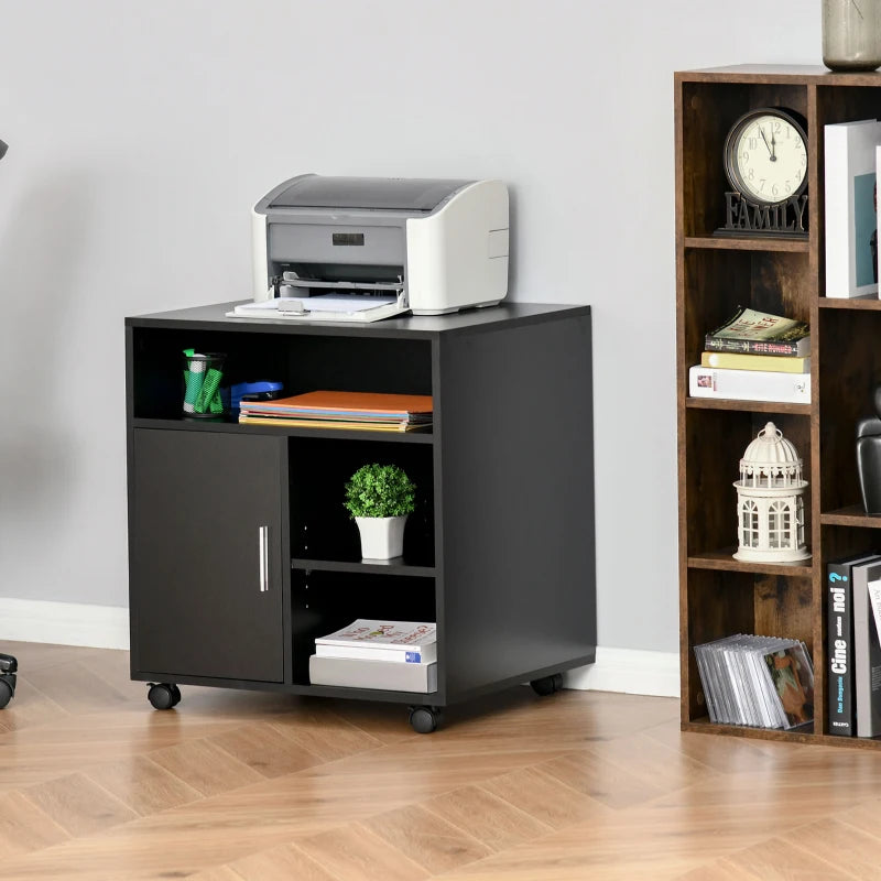Black Mobile Printer Stand with Storage and Wheels - Modern Office Desk Unit