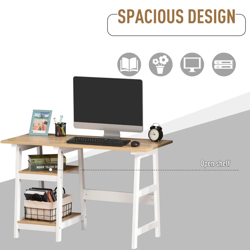 Compact White and Natural Computer Desk with Storage Shelves