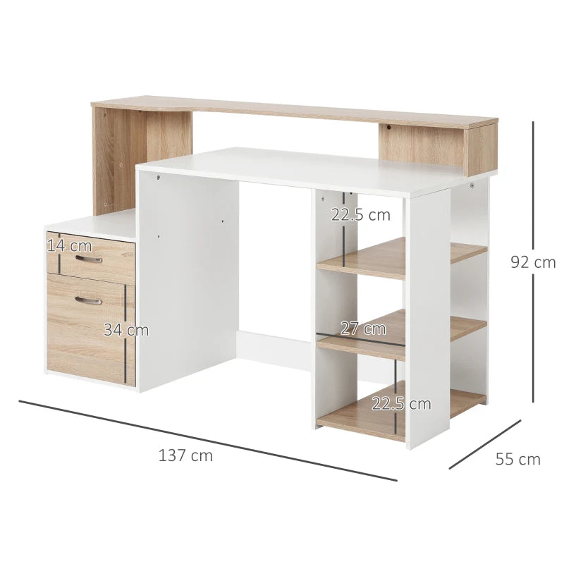 Oak and White Computer Desk with Drawers and Storage Shelves