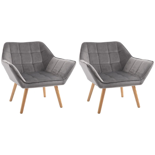Grey Modern Armchairs Set of 2 with Wide Arms and Slanted Back