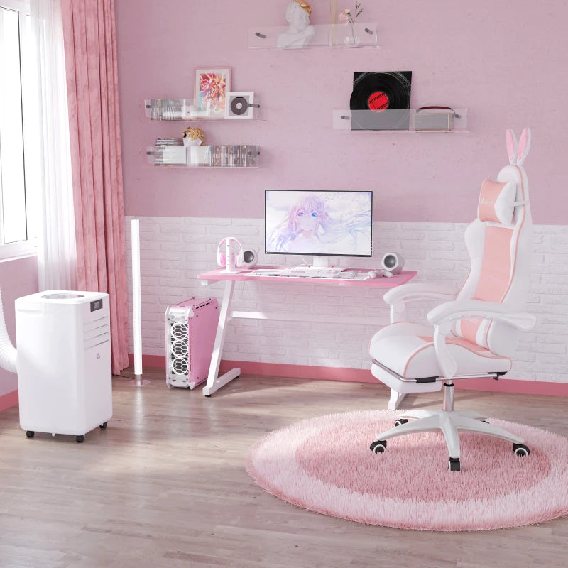 Pink Racing Gaming Chair with Rabbit Ears, Footrest, Headrest & Lumbar Support