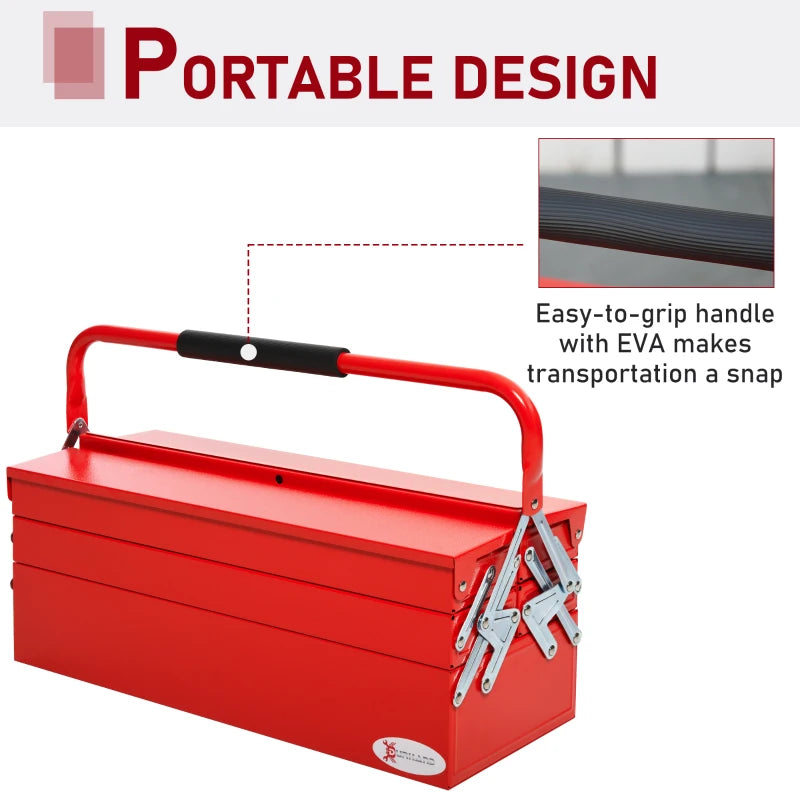 Red Metal 3-Tier Cantilever Toolbox with Carry Handle, 56x20x34cm