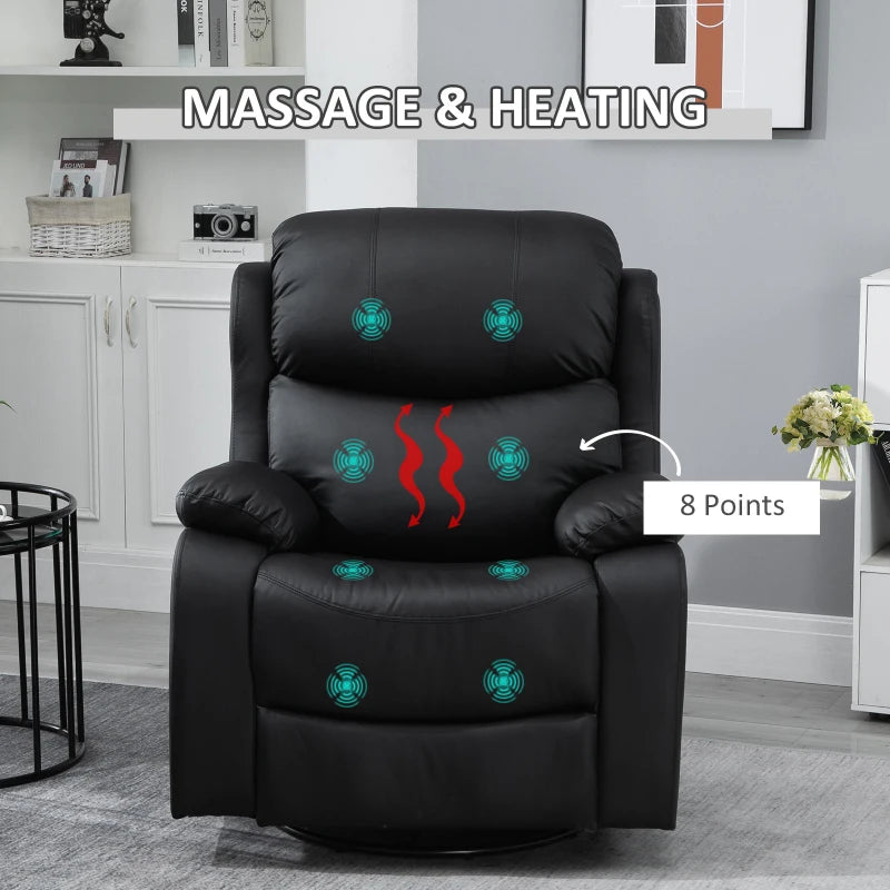 Black PU Leather Massage Recliner with Swivel Base and Heat