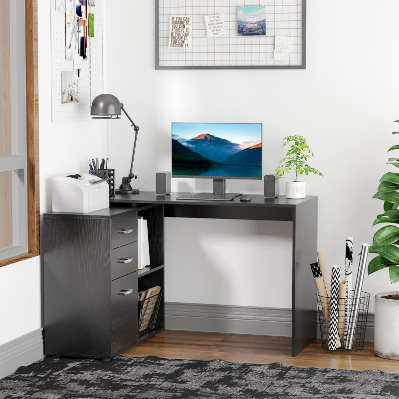 Black L-Shaped Corner Desk with Drawers and Storage Shelves