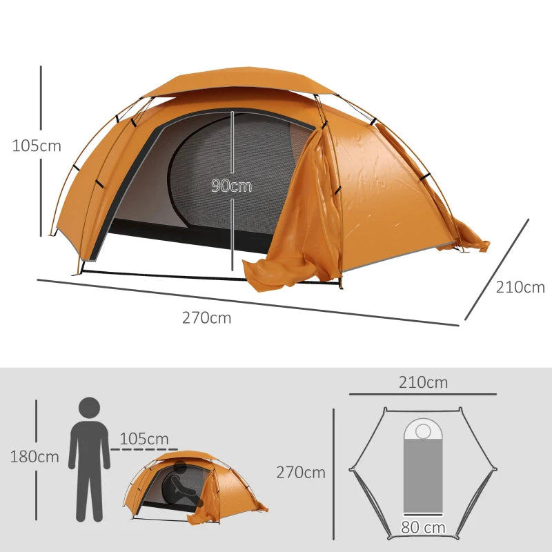 Orange Aluminium Frame Camping Dome Tent, 2000mm Waterproof, 1-2 Person