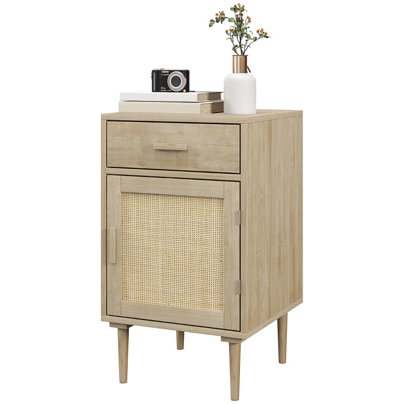 Rattan Boho Bedside Cabinet - Natural Wood - Drawer & Shelf - Bedroom & Living Room Storage