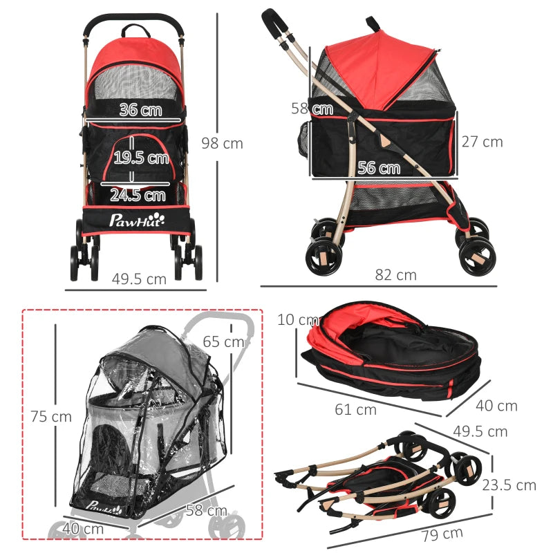 Red Pet Stroller with Rain Cover, 3-in-1 Cat Dog Pushchair