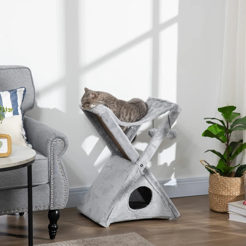 Grey Cat Tree Tower with Scratching Post and Hammock