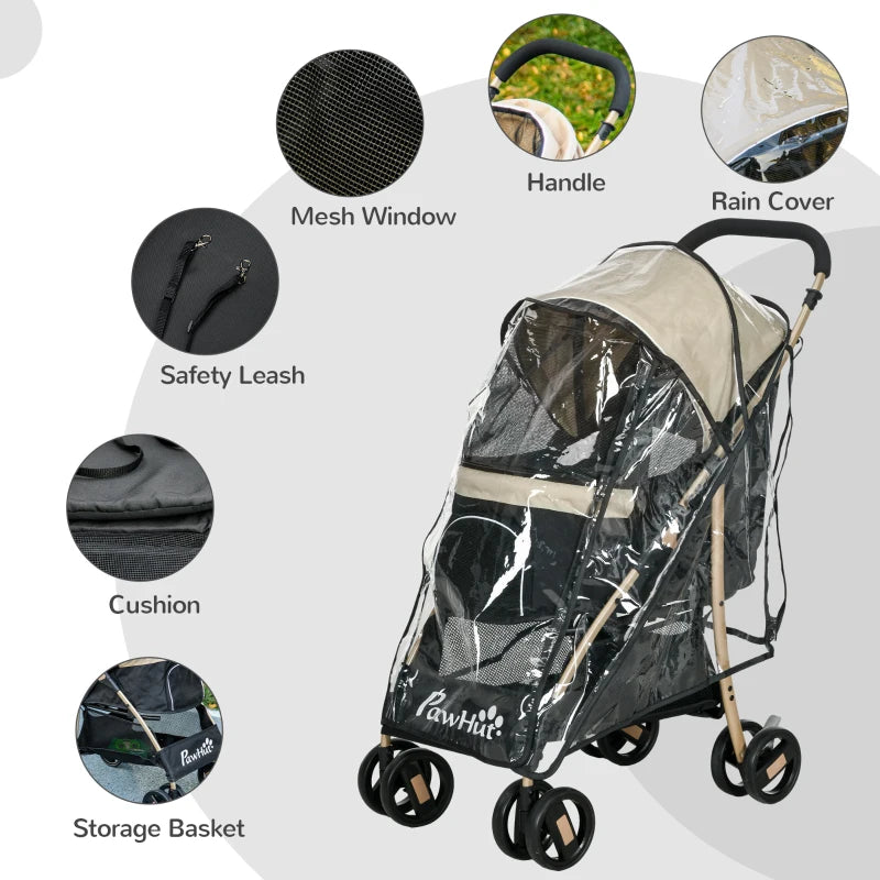 Khaki Pet Stroller for Small Dogs with Rain Cover