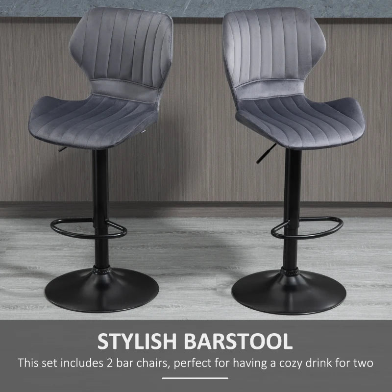 Grey Velvet Swivel Bar Stool Set of 2 - Adjustable Height Counter Chairs with Footrest