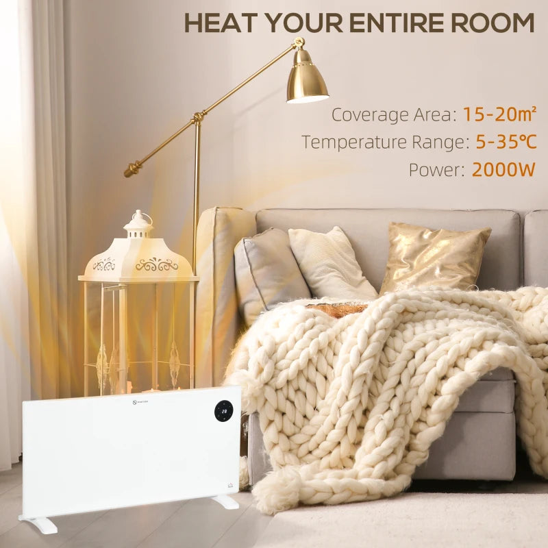 2000W White Electric Convector Heater - Adjustable Thermostat, Timer