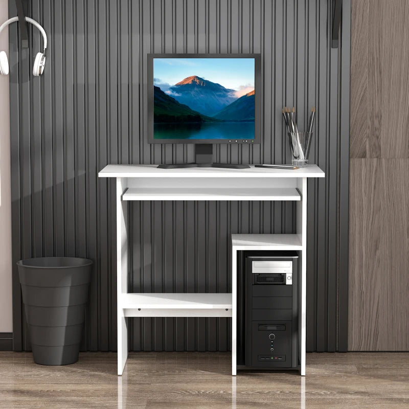 White Compact Corner Computer Desk with Keyboard Tray and Storage Shelf