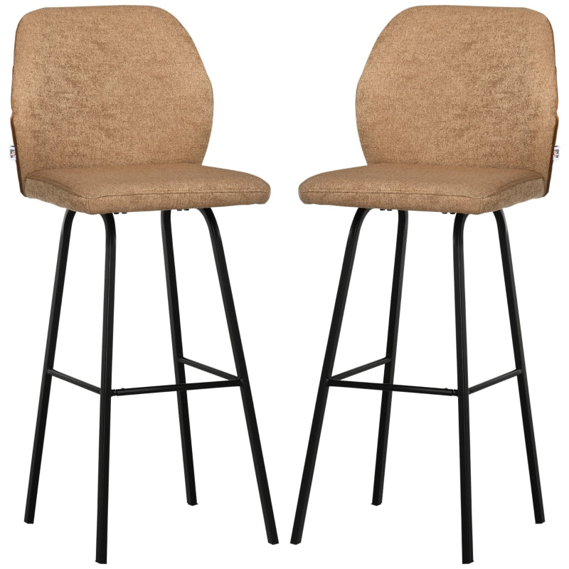 Light Brown Linen Upholstered Bar Stools Set of 2 with Backs