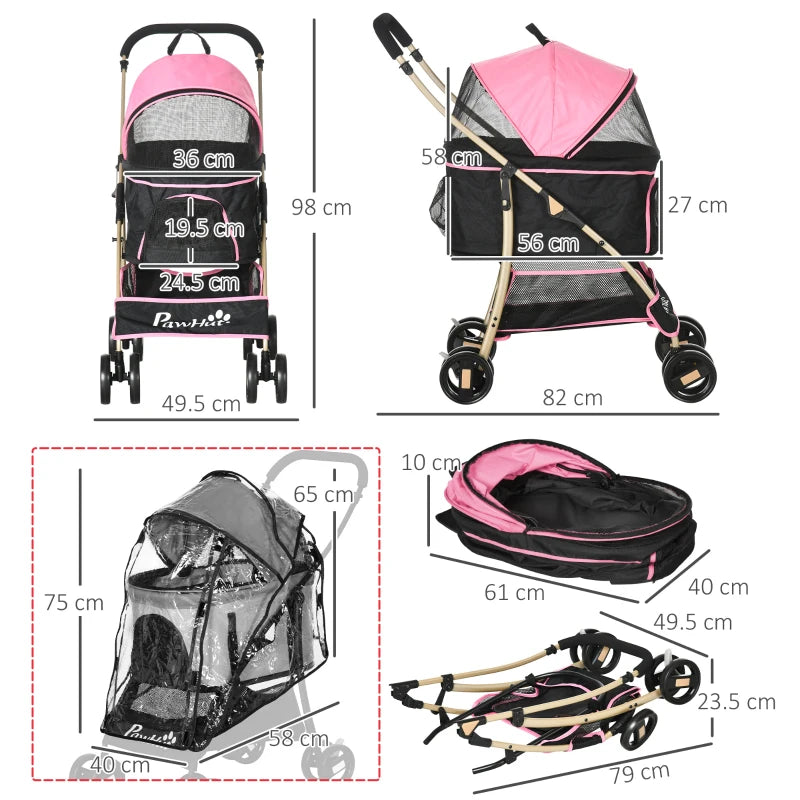 Pink Pet Stroller with Rain Cover - 3-in-1 Cat Dog Pushchair