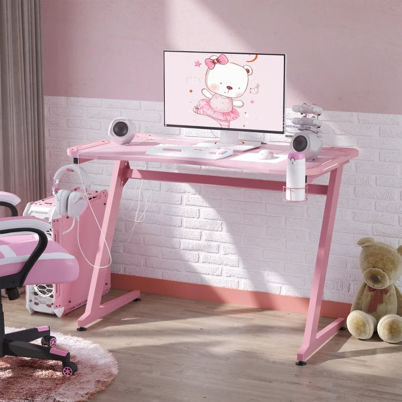 Carbon Fibre Gaming Desk, Pink, Gamer Workstation with Accessories
