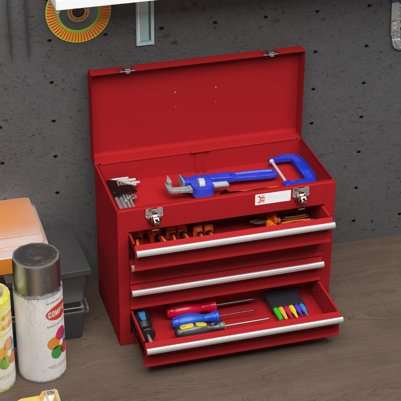 Red 4-Drawer Lockable Metal Tool Box with Handle and Ball Bearing Runners