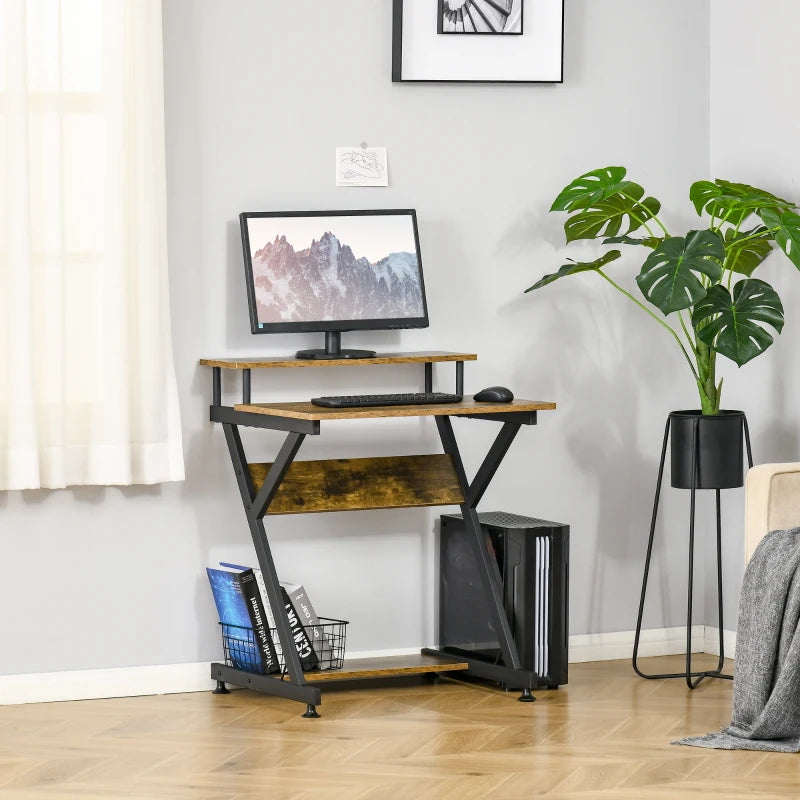 Rustic Brown Compact Computer Desk with Storage, 70 x 60cm - Small Space Home Office Desk