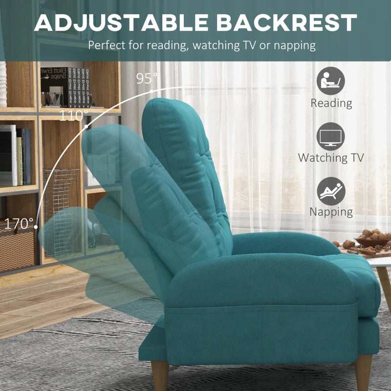 Blue Upholstered Recliner Armchair Set with Footstool - Modern Button Tufted Accent Chair