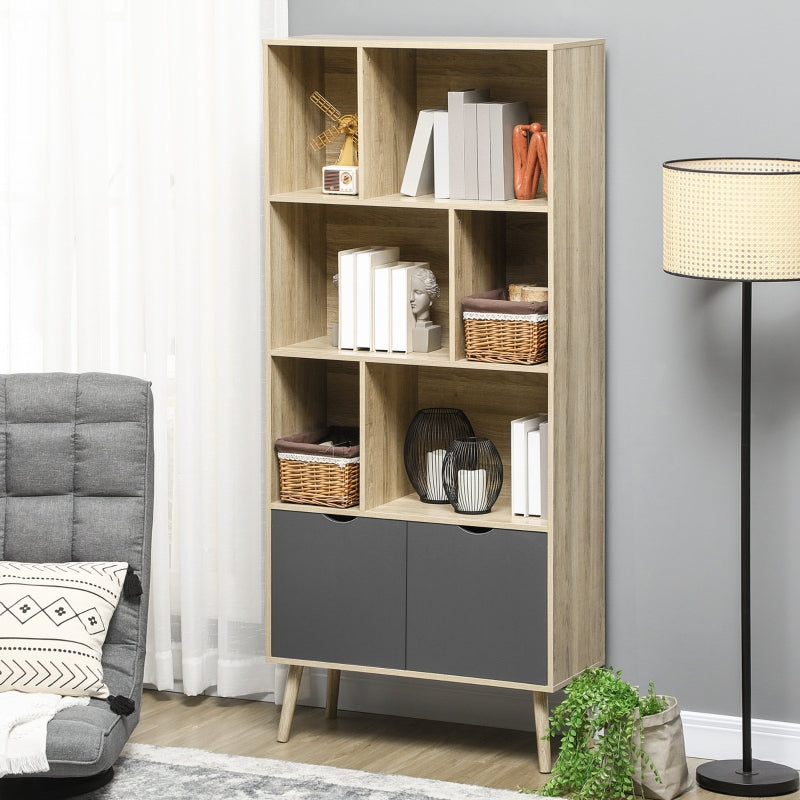 Modern Bookcase with Bottom Cabinet and 6 Open Shelves, Natural & Dark Grey