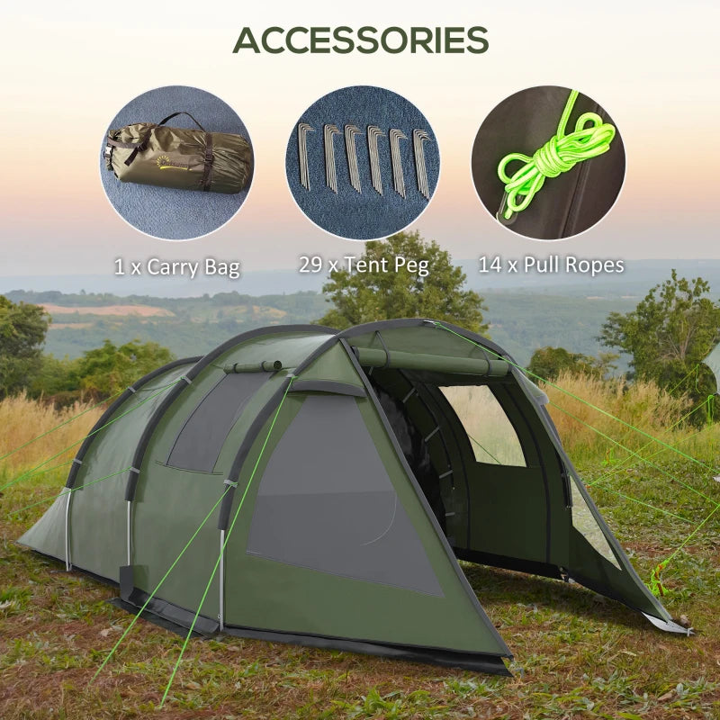 Green 3-4 Person Two-Room Tunnel Camping Tent with Windows and Carry Bag